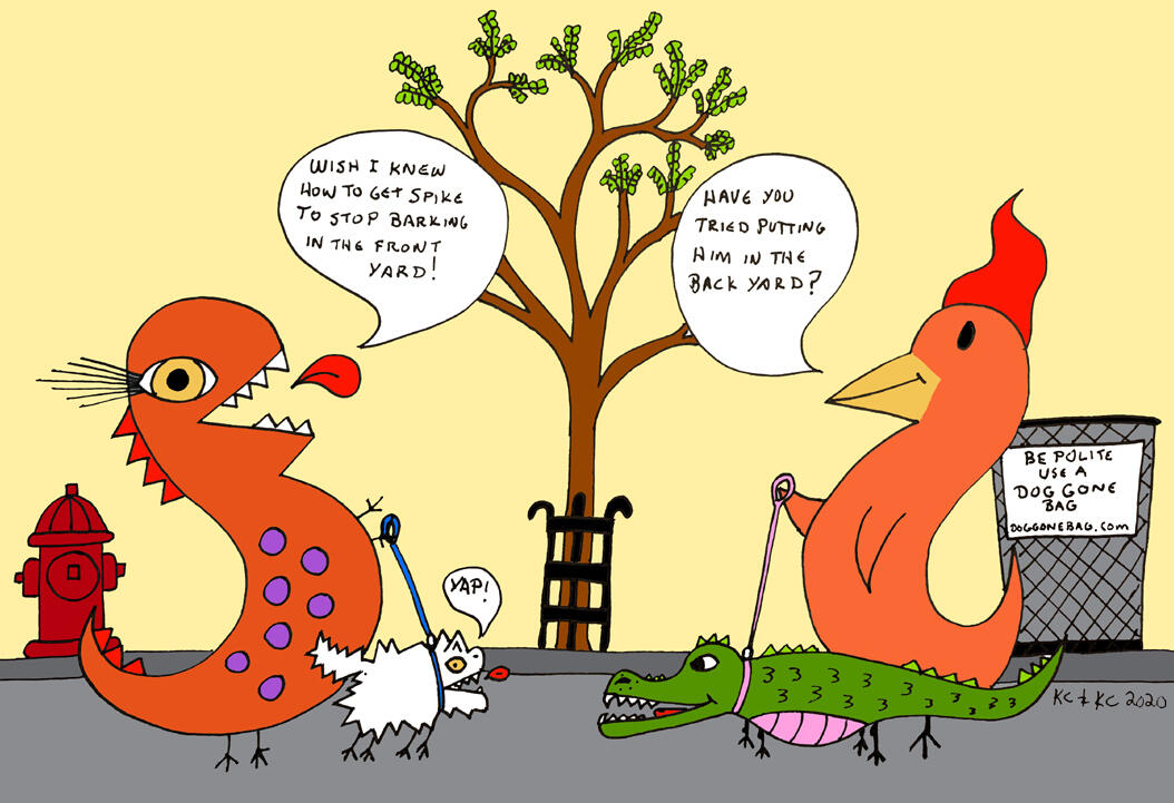 Front Yard Problem Trocious standing on a suburban sidewalk beside a barking white dog while Firebird holds a leash attached to a green alligator-like creature, with a fire hydrant and a “Be Polite Use a Doggone Bag” sign in the background.