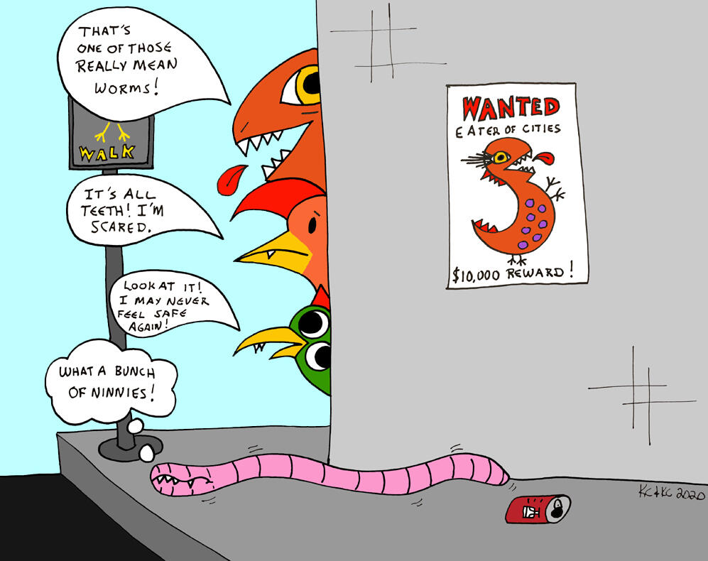 Wanted: Eater of Cities Trocious, Firebird, and Globbly Blird peek nervously from behind a city corner while a pink worm with sharp teeth crawls along the sidewalk beside a discarded can of sake. A “WANTED: Eater of Cities – $10,000 Reward” poster featuring Trocious is taped to t