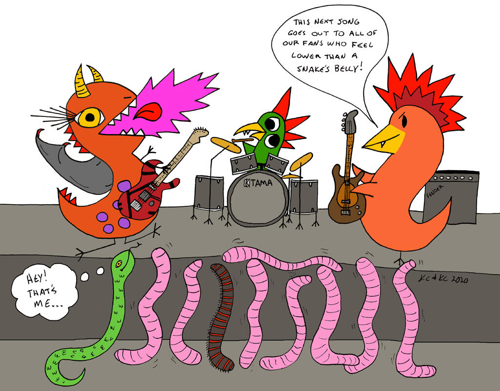 Lower Than a Snake’s Belly Trocious plays a red electric guitar inspired by Eddie Van Halen, breathing pink flame-like sound, while Firebird plays a bass reminiscent of Flea. Globbly Blird drums behind a kit labeled “KITAMA,” referencing Metallica. A speech bubble reads, “This next